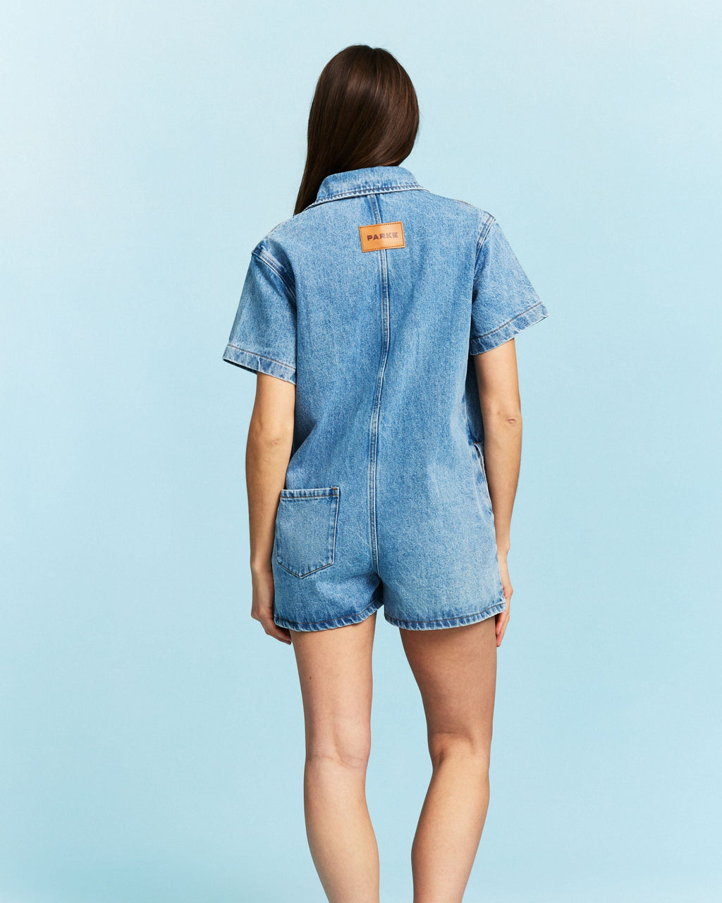 Short Sleeve Denim Romper - Vintage Wash