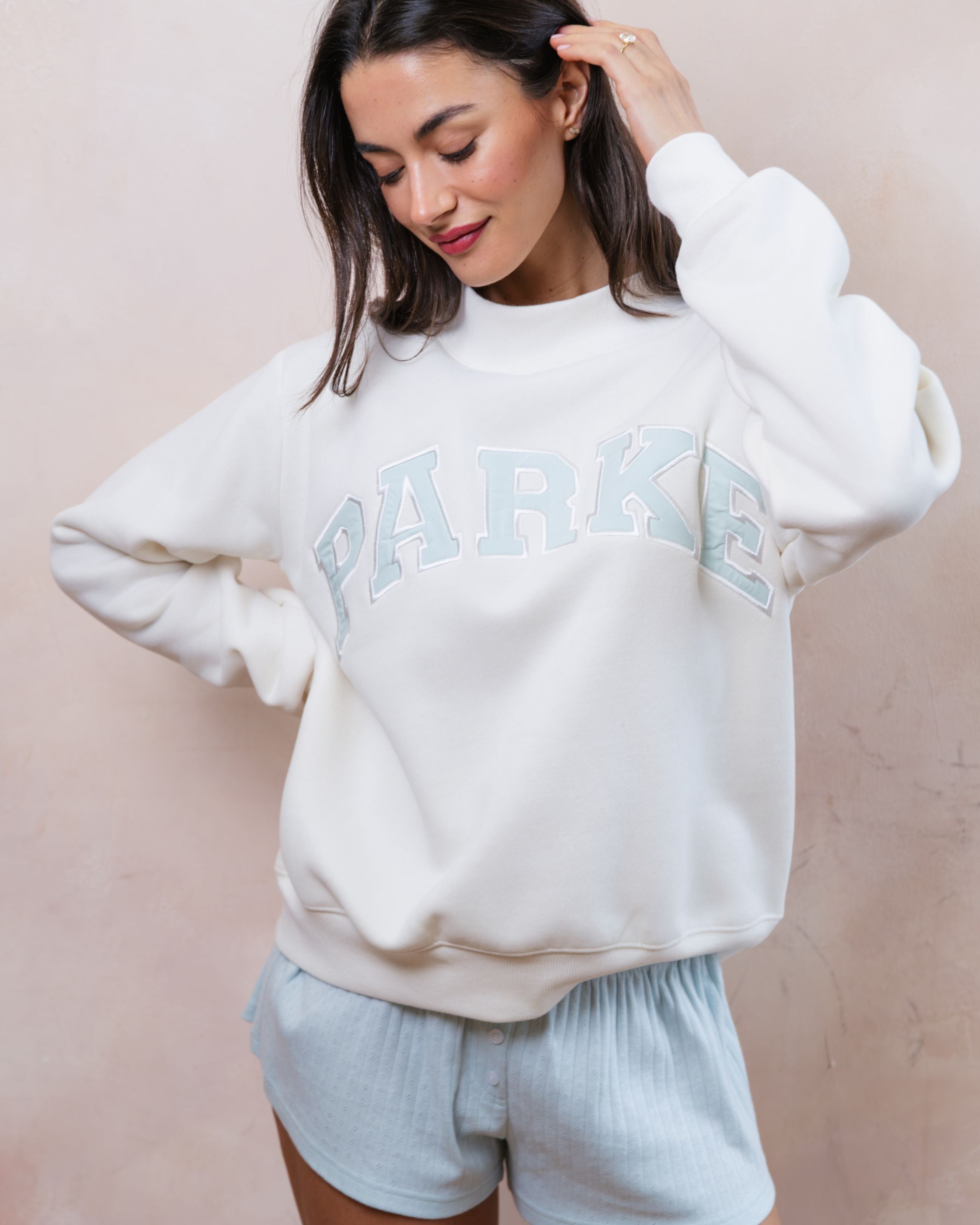 Bridal Varsity Mockneck - Pearl + Pale Blue