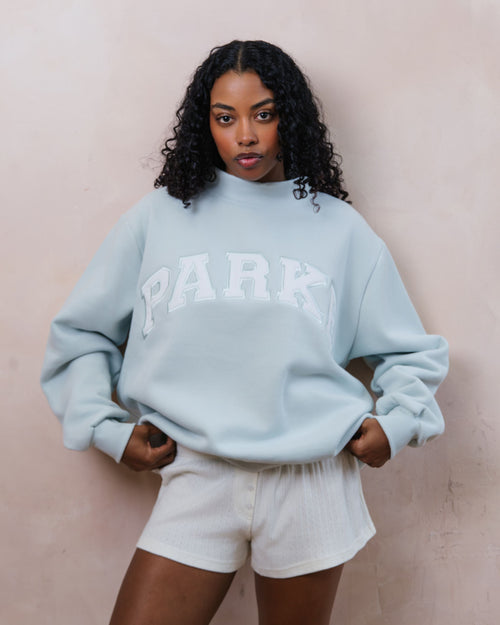 Bridal Varsity Mockneck - Pale Blue + White