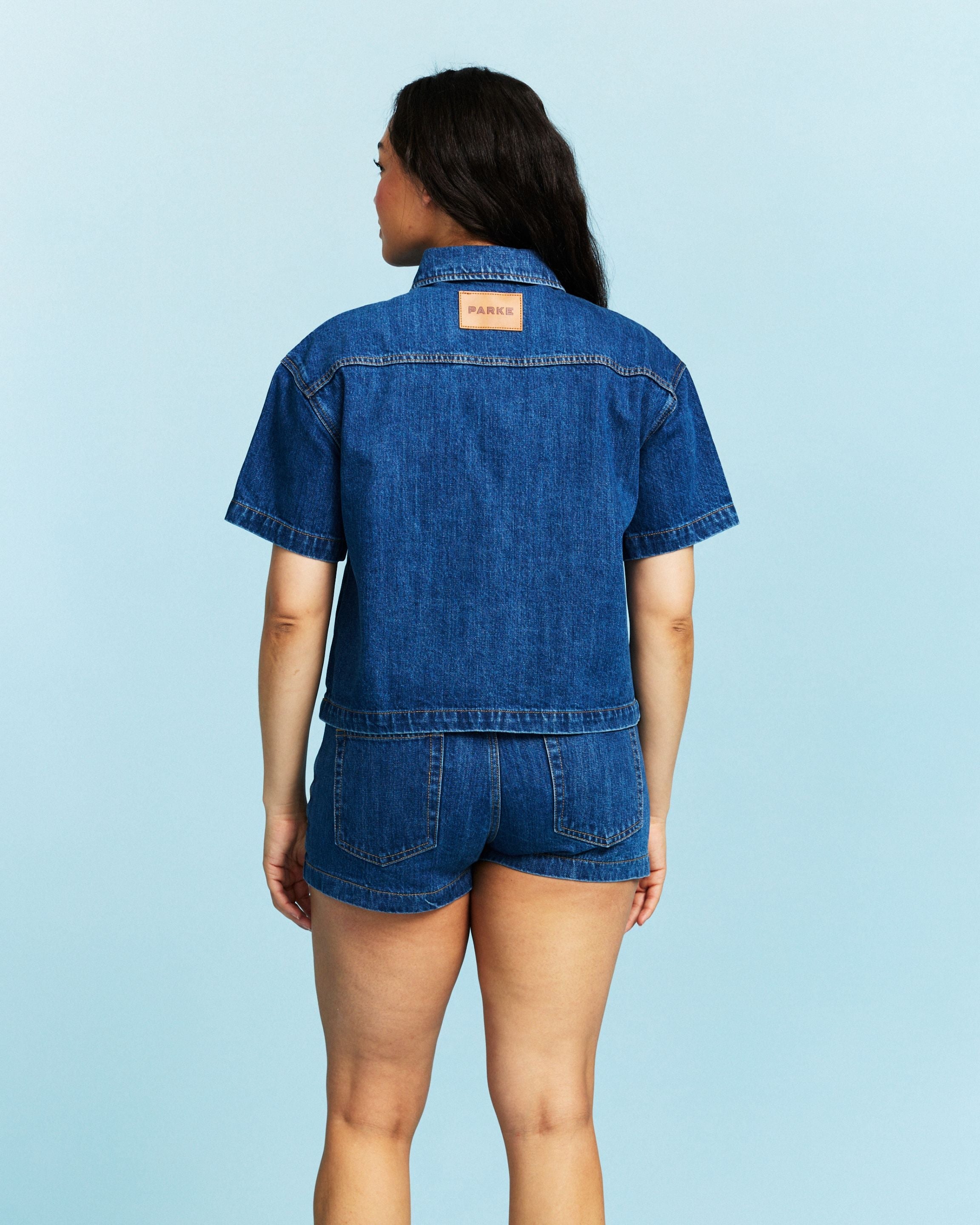 Cropped Short Sleeve Denim Shirt - Medium Wash
