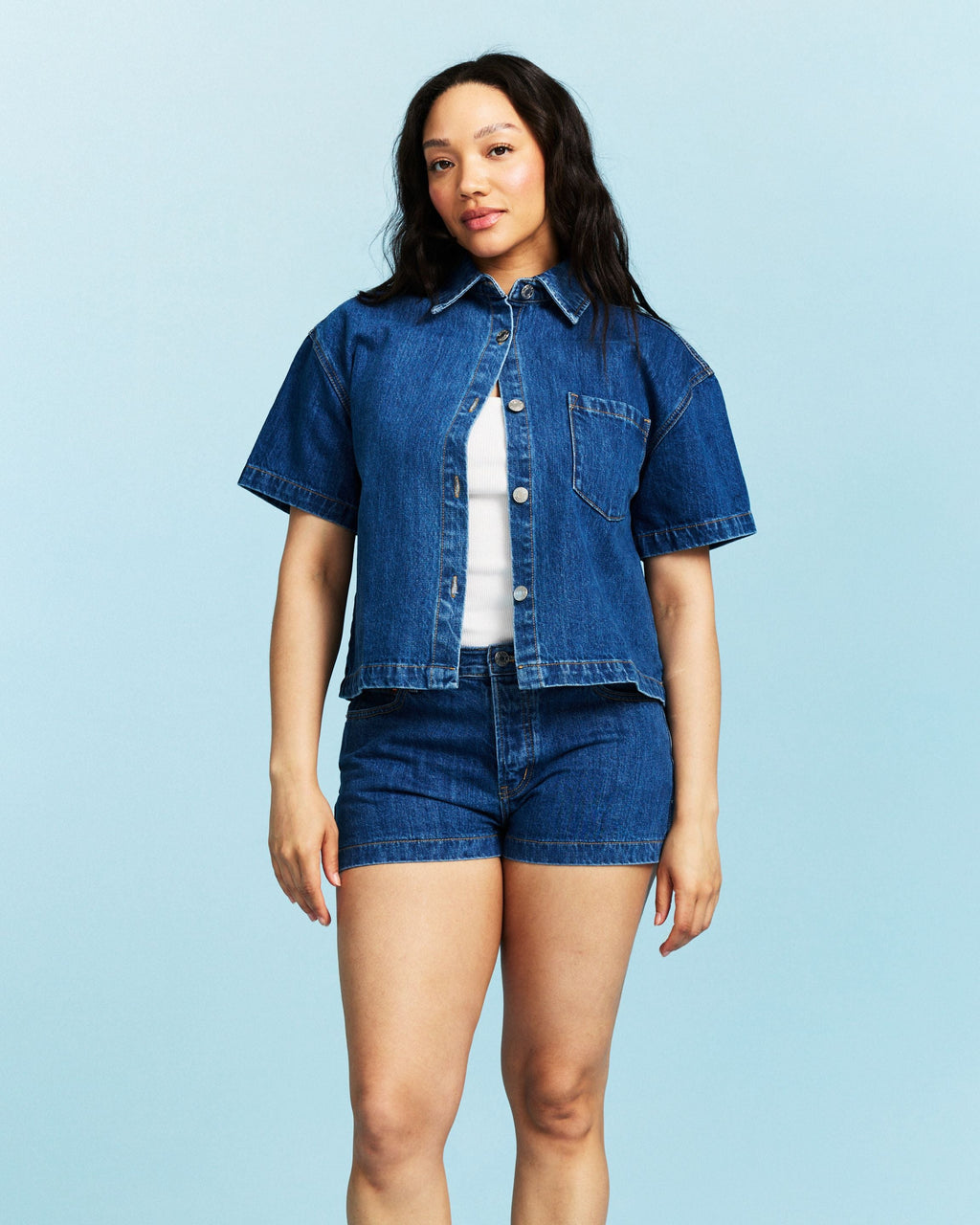 Cropped Short Sleeve Denim Shirt - Medium Wash