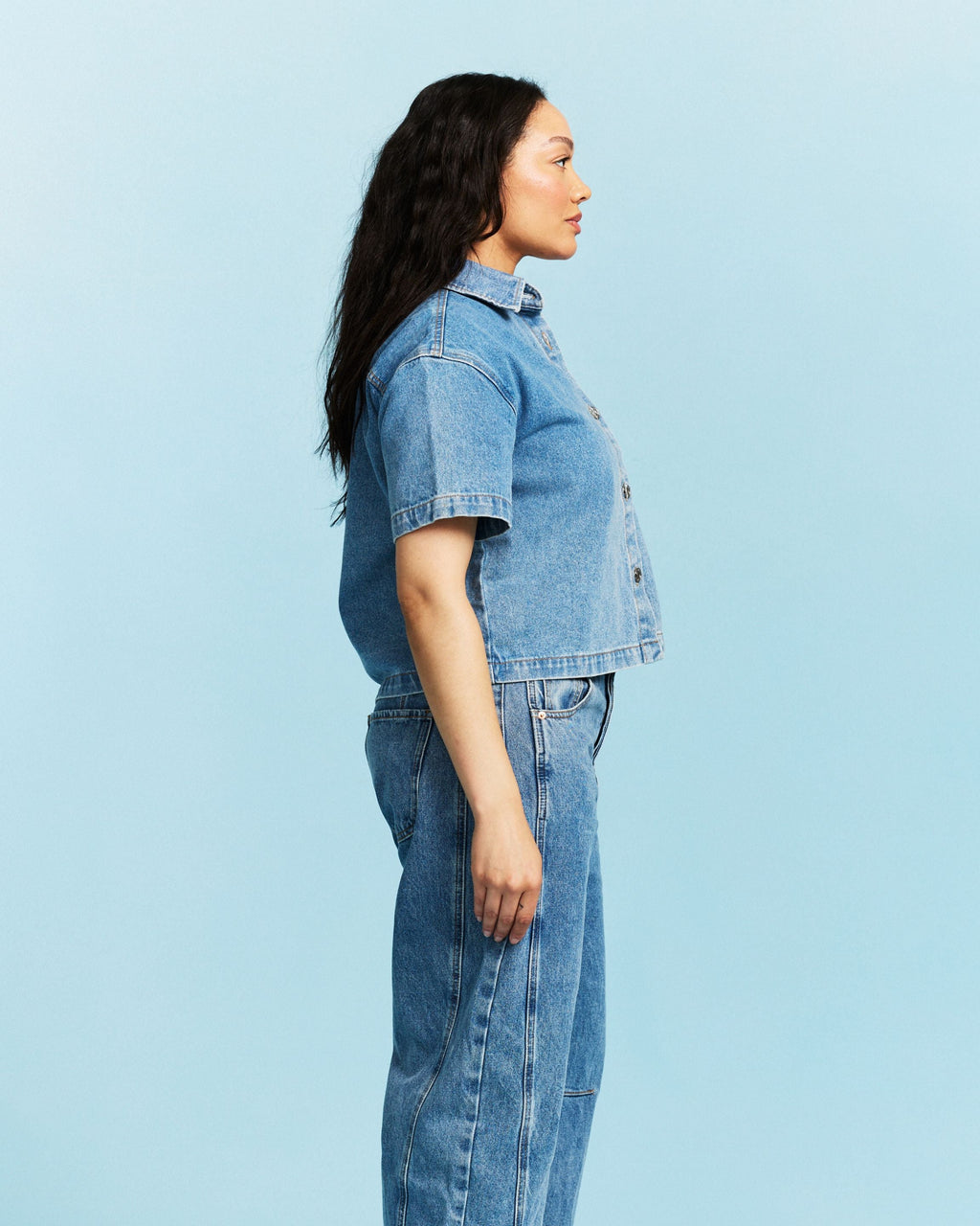 Cropped Short Sleeve Denim Shirt - Vintage Wash