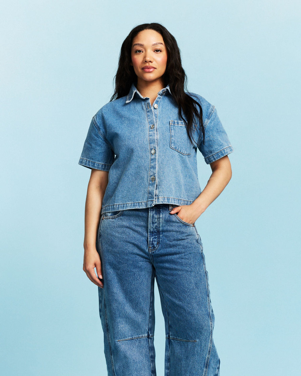Cropped Short Sleeve Denim Shirt - Vintage Wash