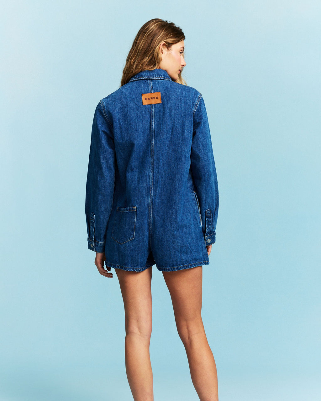 Long Sleeve Denim Romper - Medium Wash
