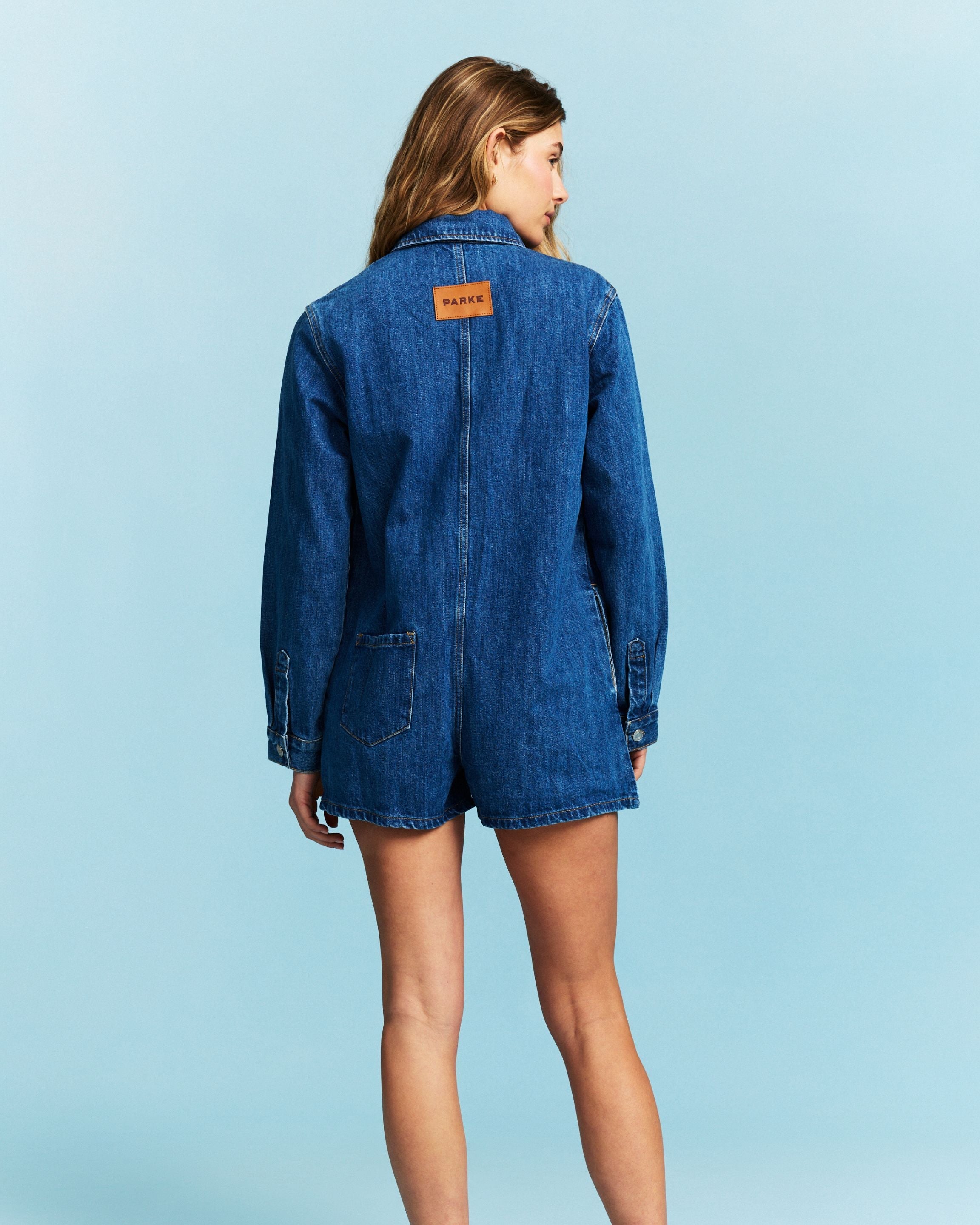 Long Sleeve Denim Romper - Medium Wash