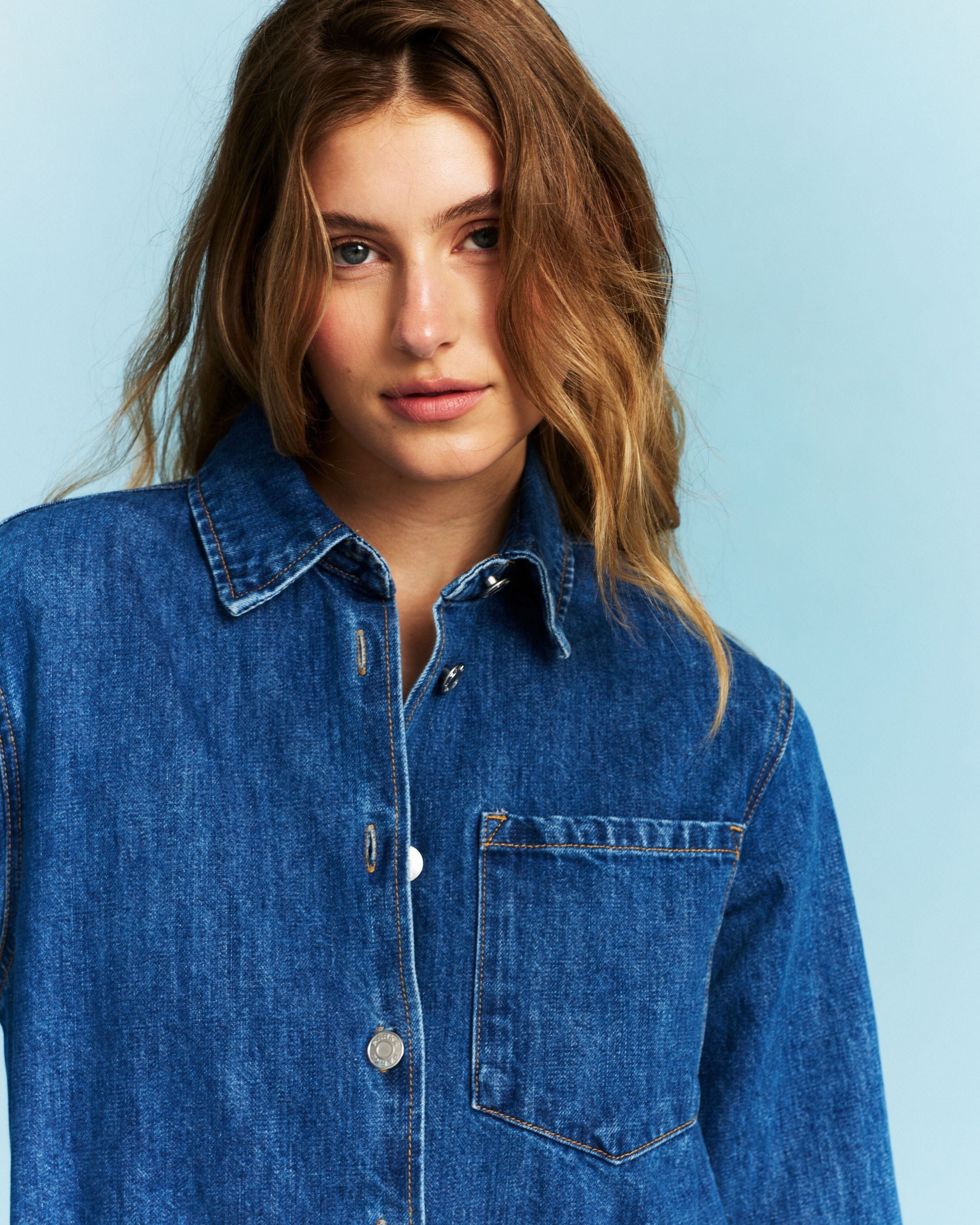 Long Sleeve Denim Romper - Medium Wash