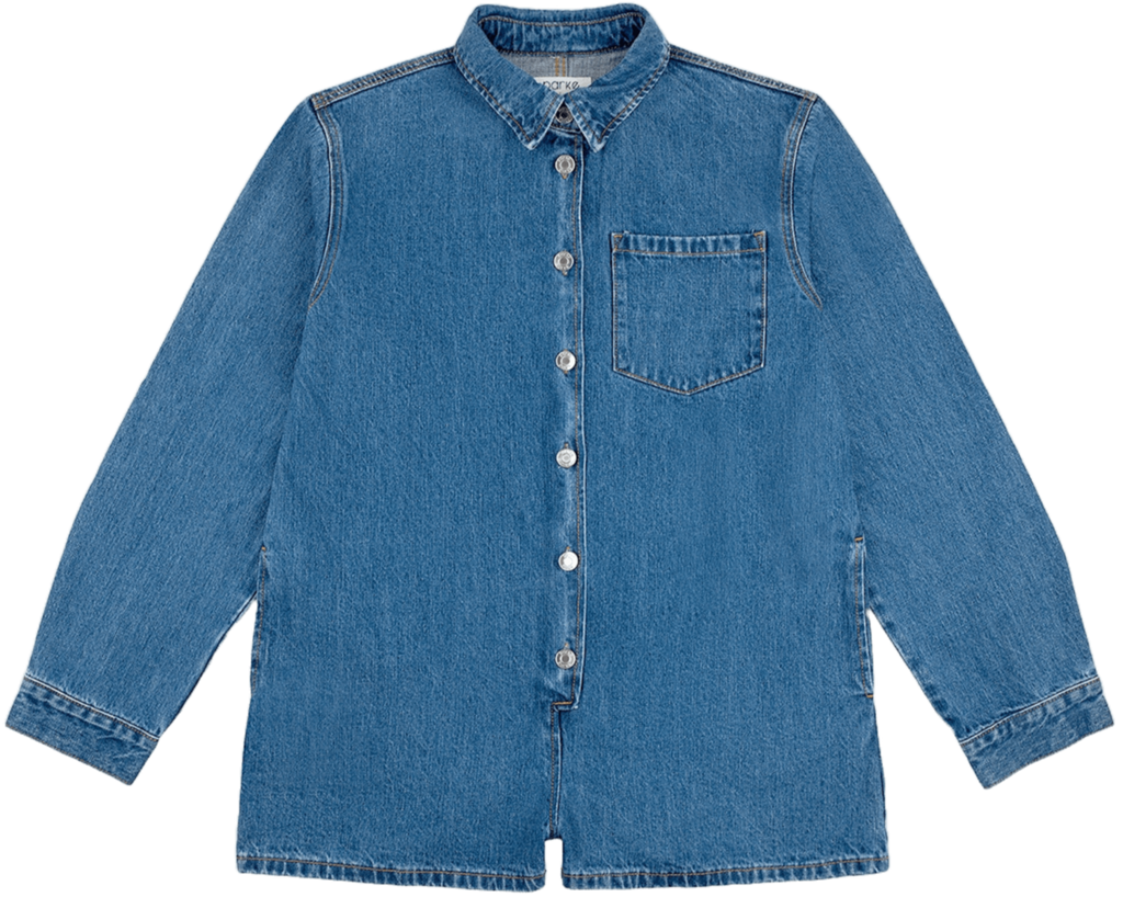 long sleeve denim romper flat lay -medium wash