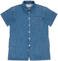 short sleeve denim romper flat lay -medium wash