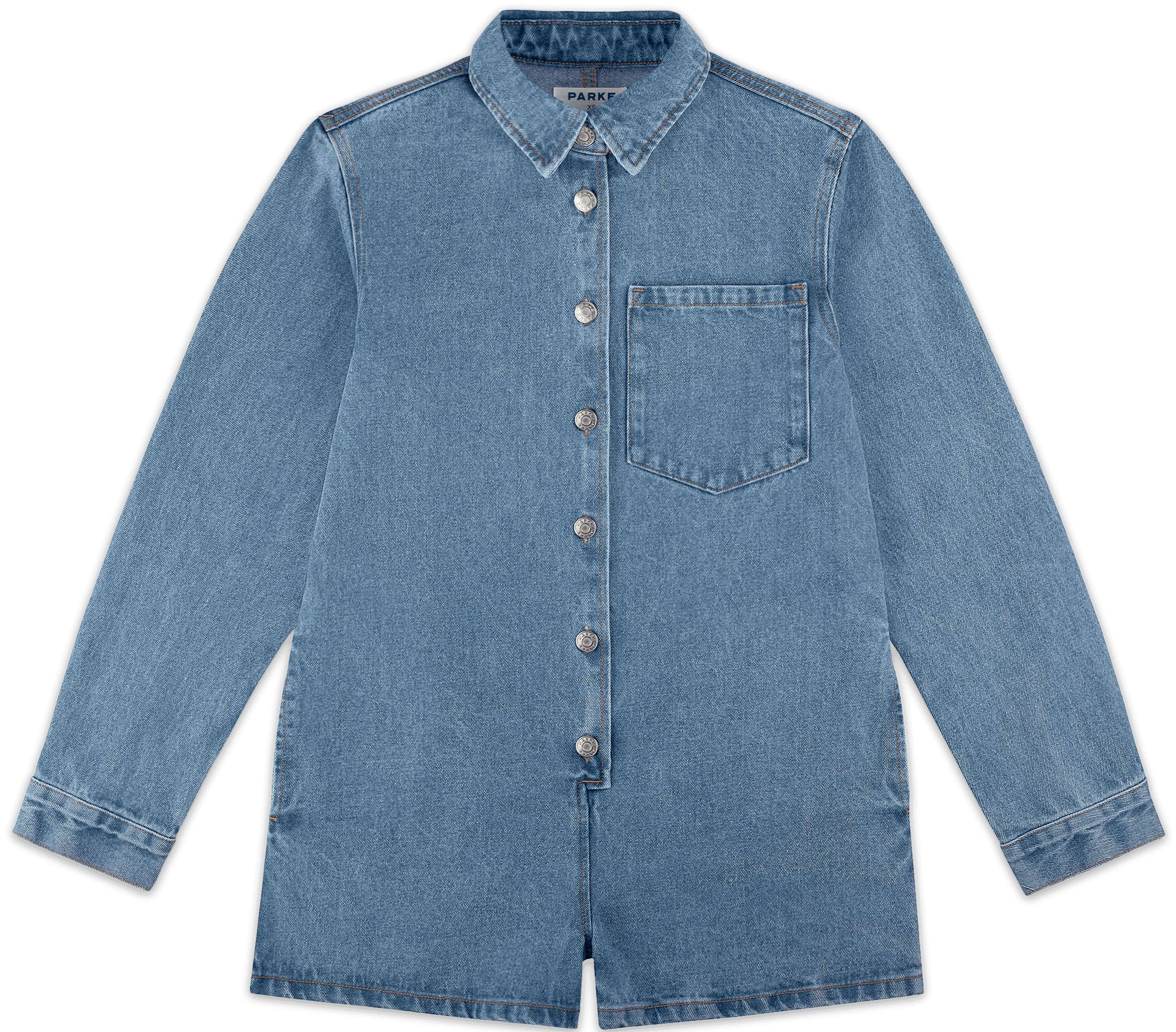 long sleeve denim romper flat lay -vintage wash