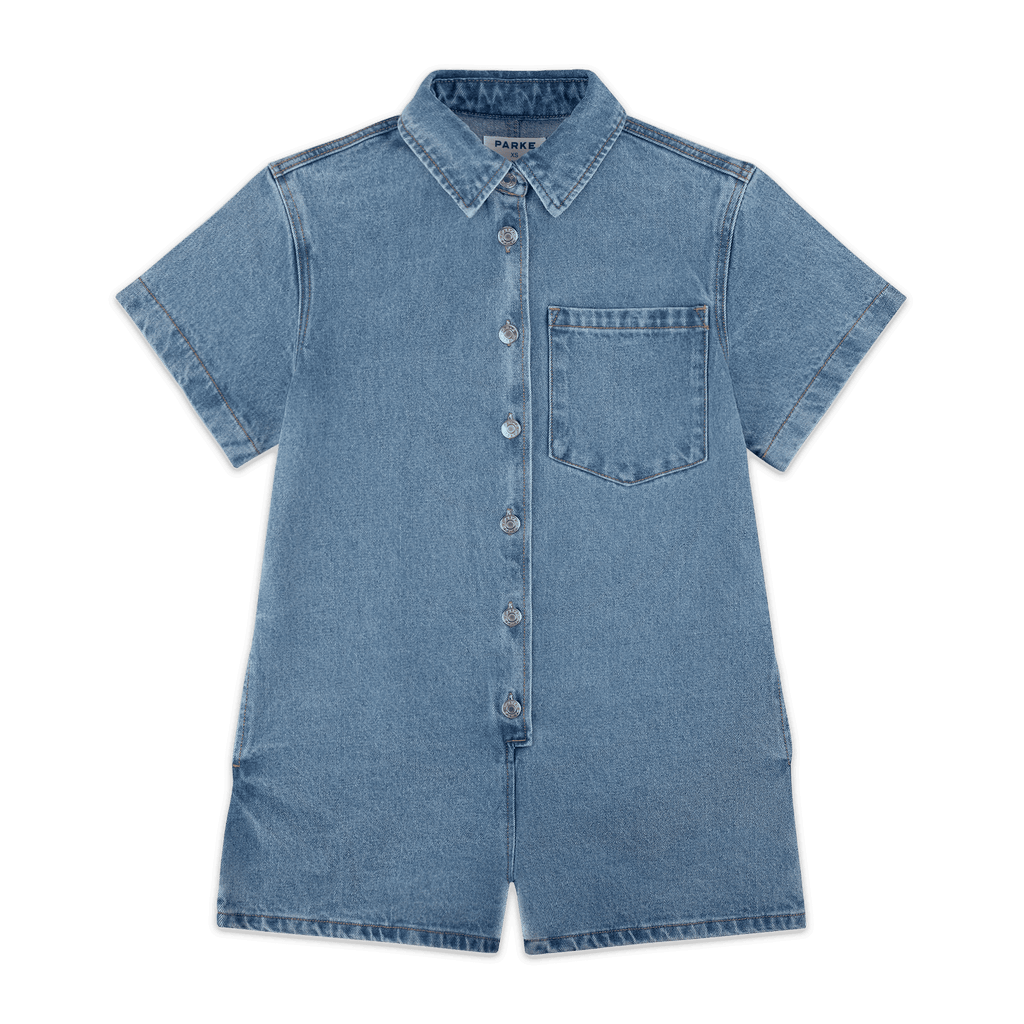 Short Sleeve Denim Romper - Vintage Wash