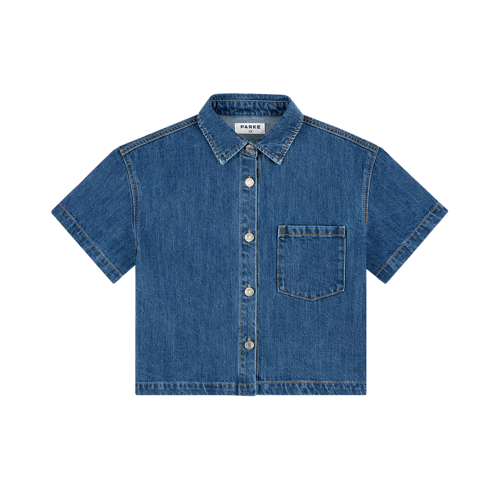 Cropped Short Sleeve Denim Shirt - Medium Wash