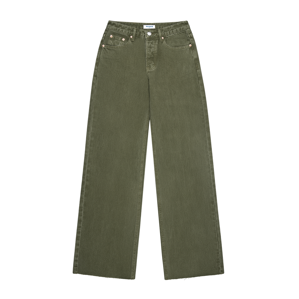 low rise baggy jeans flat lay -olive
