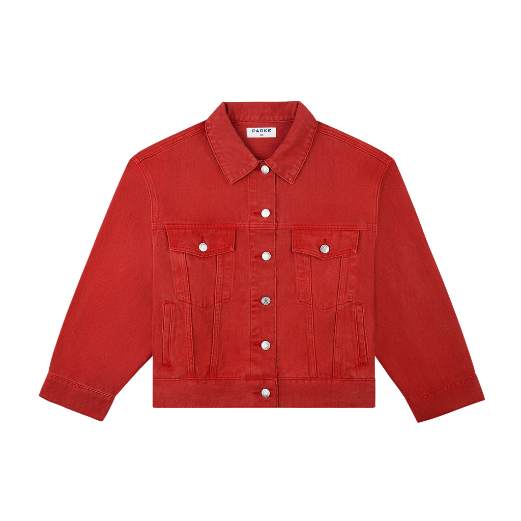 vintage wash girl wearing oversized denim jacket -washed red 